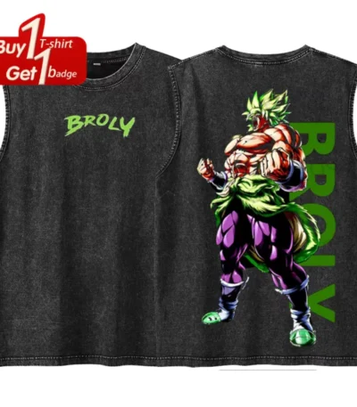 Dragon Ball inspired Broly washed black oversized tank top with large anime back graphic