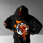 Dragon Ball inspired Goku black hoodie with large anime back graphic and orange design