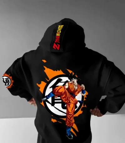 Dragon Ball inspired Goku black hoodie with large anime back graphic and orange design