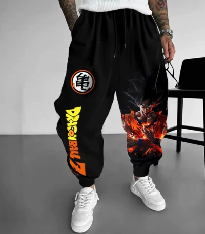 Dragon Ball inspired Goku black jogger pants with anime leg graphic and logo details