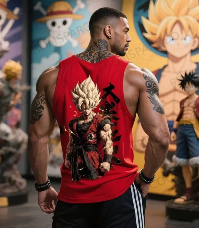Dragon Ball inspired Goku red tank top sleeveless anime gym shirt with large back graphic