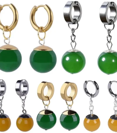 Dragon Ball inspired Potara earrings in green and yellow bead styles with hoop jewelry design
