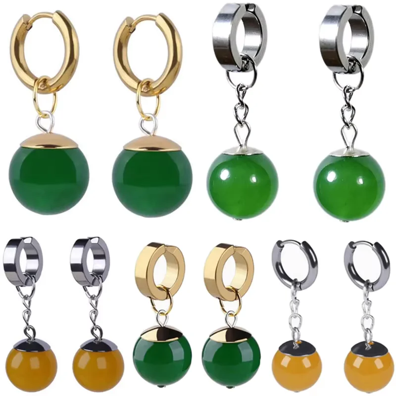 Dragon Ball inspired Potara earrings in green and yellow bead styles with hoop jewelry design