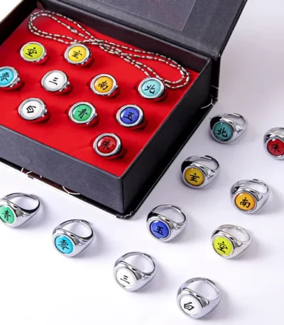 Naruto inspired Akatsuki 10-piece metal anime ring set with colorful member symbols
