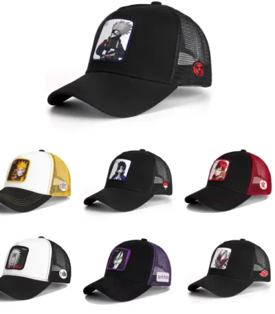 Naruto inspired adjustable character trucker caps with curved brims and breathable mesh backs