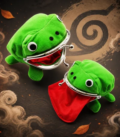 Naruto inspired green frog coin purse with metal kiss-lock closure and red interior