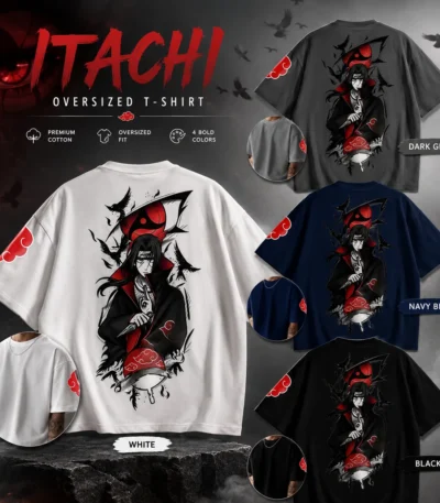 Naruto inspired Itachi Uchiha black oversized anime streetwear T-shirt with crow back design