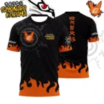 Naruto inspired Kurama Farewell oversized soccer jersey with black and orange flame design and anime front and back graphics