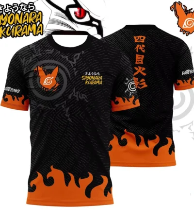 Naruto inspired Kurama Farewell oversized soccer jersey with black and orange flame design and anime front and back graphics