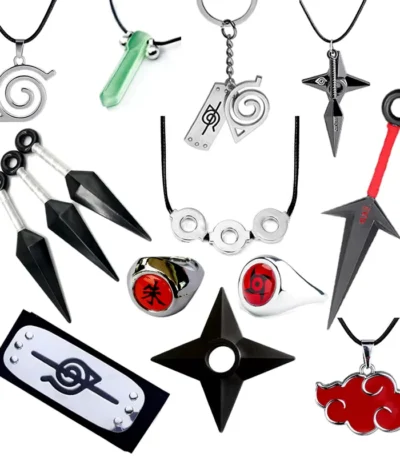 Naruto inspired cosplay accessory collection with keychains, necklaces, rings, headband, kunai, and shuriken designs