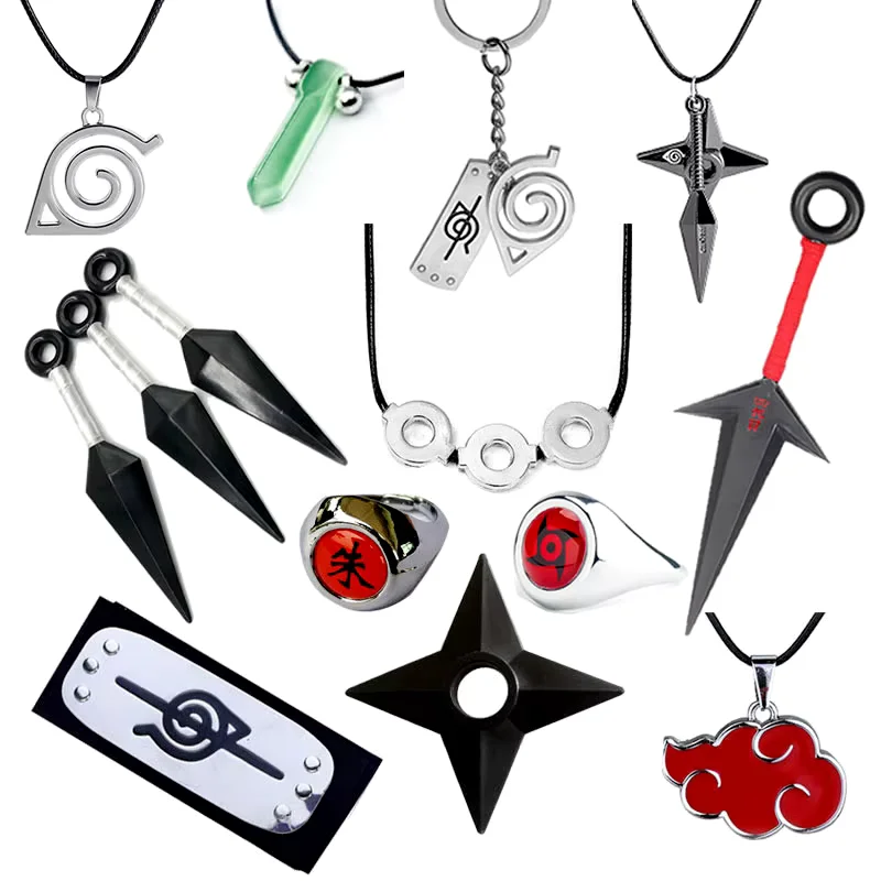 naruto-inspired-ninja-cosplay-accessories Naruto inspired cosplay accessory collection with keychains, necklaces, rings, headband, kunai, and shuriken designs